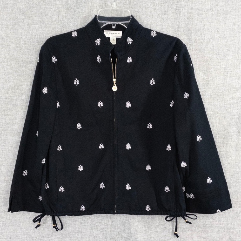 St. John Sport Marie Gray Women's Small Bee Embroidered Jacket Black Full Zip